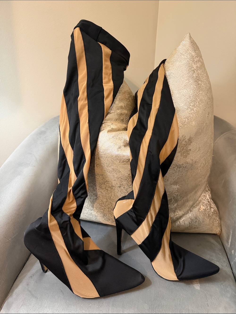 Black and Tan Striped Knee-High Stiletto Boots